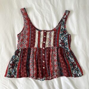 Full Tilt Burgundy Floral Pattern Button-Up Blouse Size Small